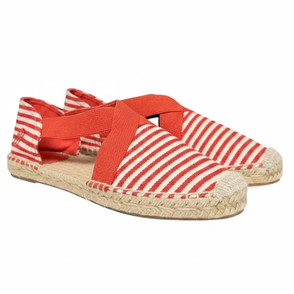 Tory Burch Striped Strappy Espadrille Flats Orange White Canvas Logo Size 8